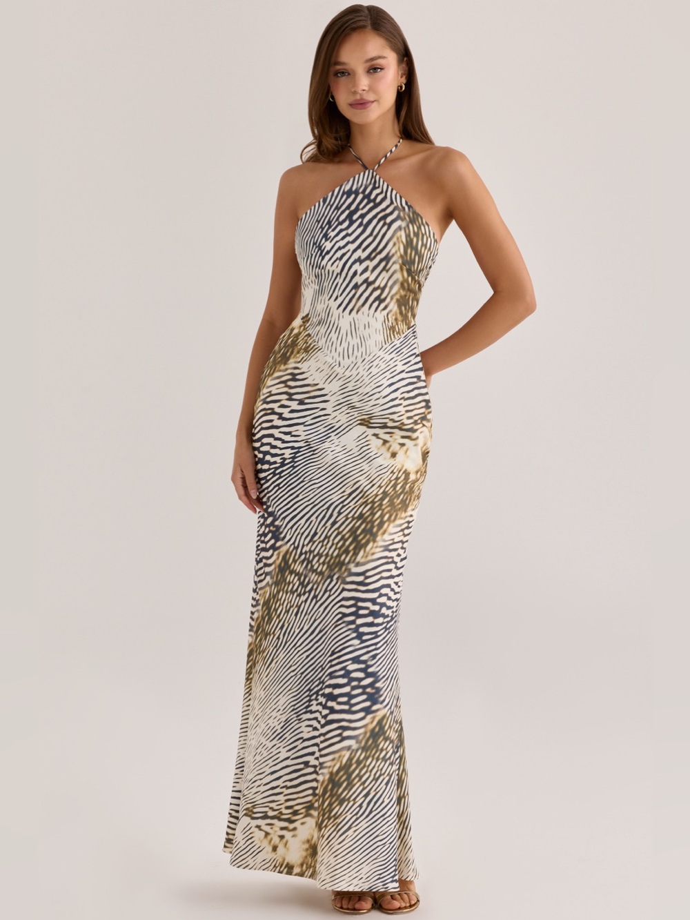 House of CB Luna Animal Print Satin Halter Neck Maxi Slip Dress XS